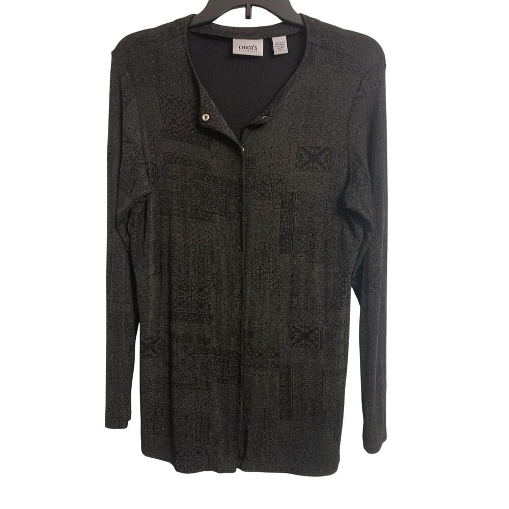 Chicos‎ Travelers 1 Aztec Vacation Henley Blouse With Snap Front In Black